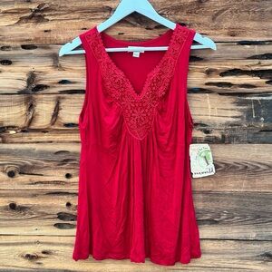 ONE WORLD | V-Neck Red Lace Sleeveless Top M